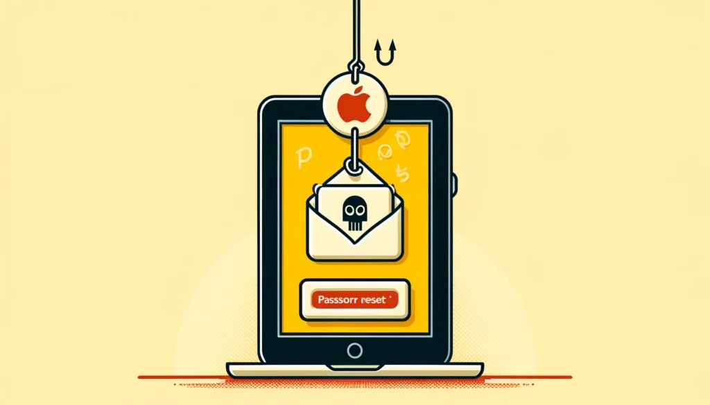 DALL·E 2024 03 28 19.47.01 Create a simple illustration that warns about phishing attacks targeting Apple users with emails claiming to require a password reset. The image shoul Phishing all'italiana: Apple nel mirino con attacchi per il reset della password