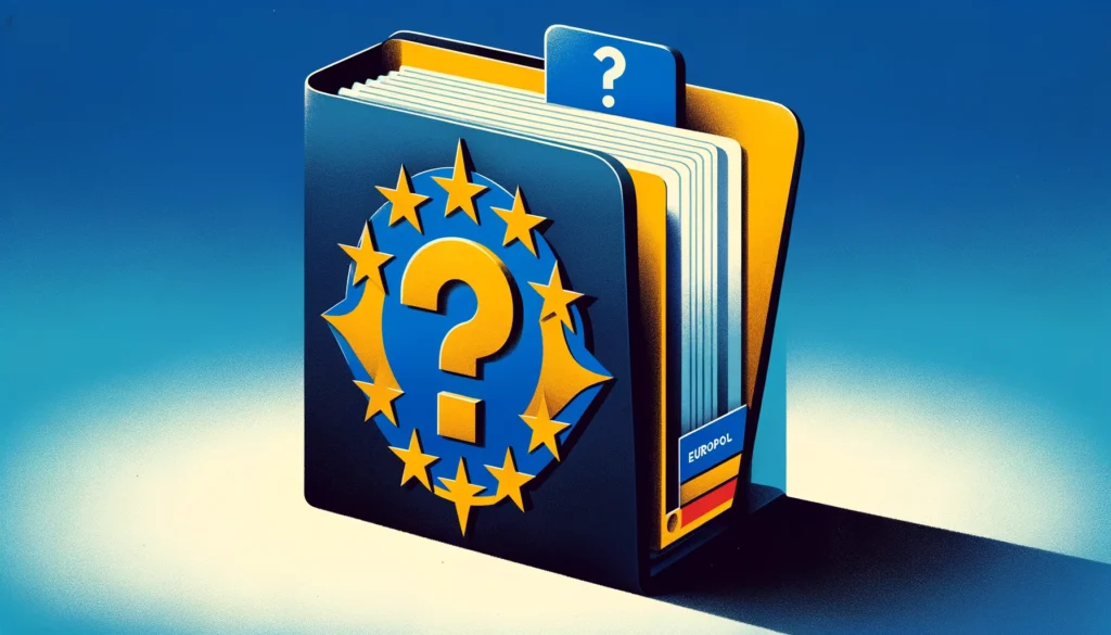 DALL·E 2024 03 28 19.47.50 Create a simple illustration that captures the essence of the Europol scandal involving the investigation into missing files. The image should depict Europol, l'agenzia di polizia dell'UE, nella bufera per i fascicoli scomparsi