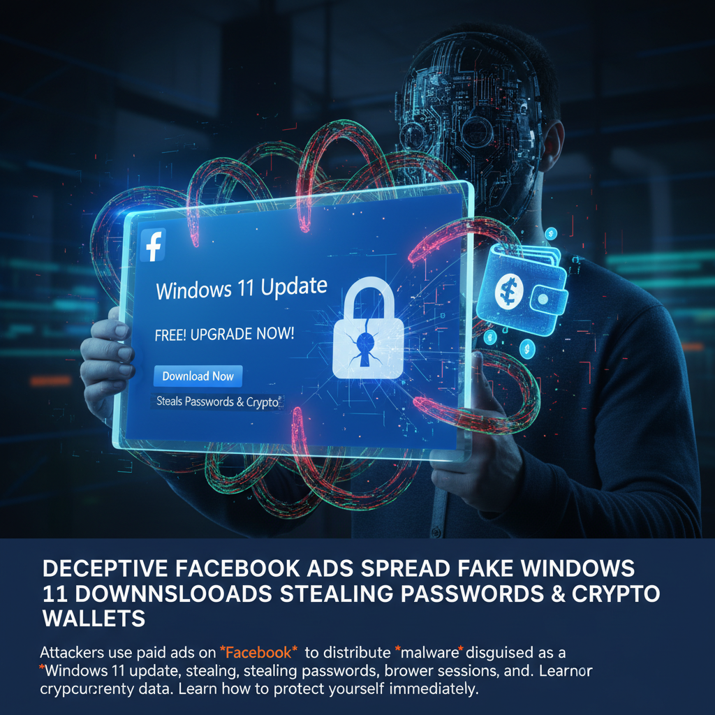 Annunci Facebook ingannevoli diffondono falsi download di Windows 11 che rubano password e wallet crypto